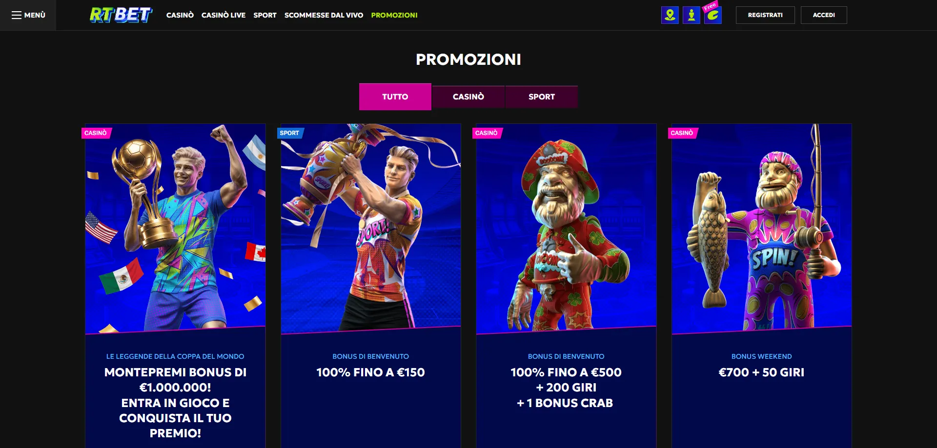 RTbet bonus di benvenuto fino a €500 e 200 giri gratuiti per l'Italia