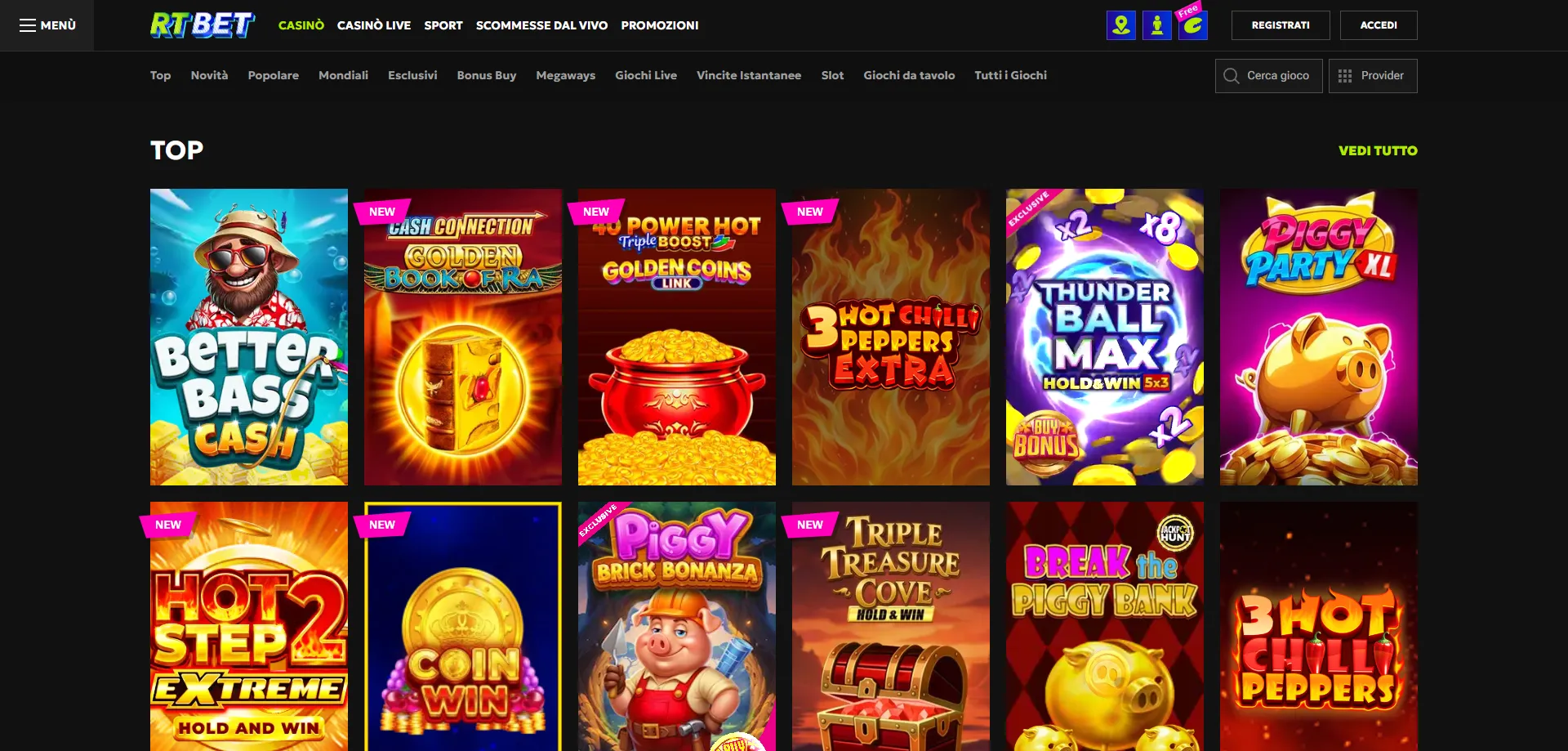 Giochi RTbet slot machine e giochi da tavolo — oltre 7500 titoli disponibili